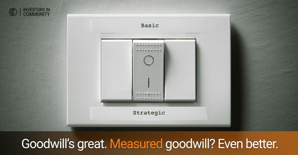 A close up image of a light switch. The off button is labelled "basic" and the on button is labelled "strategic". A black and orange banner runs along the bottom with the words "Goodwill's great. Measured goodwill? Even better.